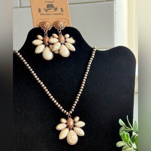 Copper-Tone Cream Stone Western Pendant Necklace & Earrings Set